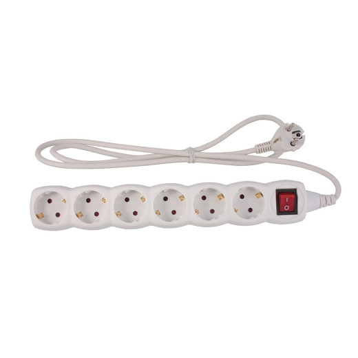 Удлинитель на 6 розеток Schuko, выключатель, кабель 1.5м, SBrico, белый
