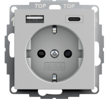 Gira S-55 Сер матовый Розетка с з/к, шт,с USB двойн.A /C