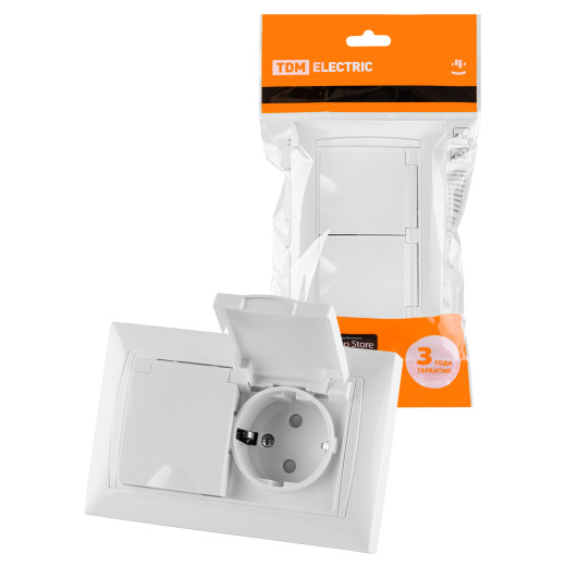 Розетка двойная 2П+З 16А 250В IP44 с защ. шт. с крышкой белая 