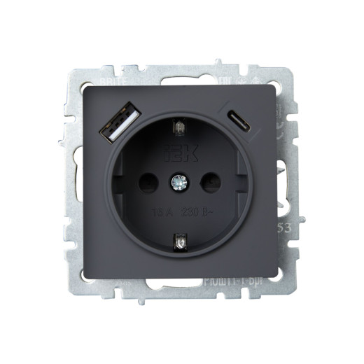 BRITE Роз. с з/к/ш 16А с USB A+C 18Вт РЮш11-1-БрГ граф. IEK
