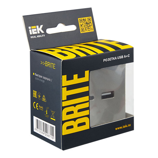 BRITE Роз. USB A+C 18Вт РЮ11-1-БрС сталь IEK