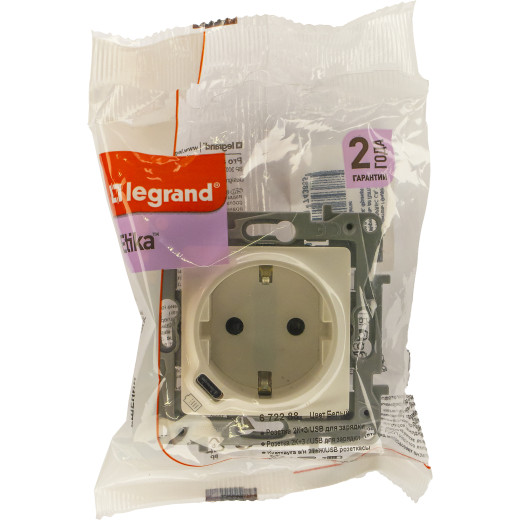 Розетка с заземлением с USB тип C - Legrand Etika - со шторками 16А 250В 1500мА 7,5Вт безвинтовые зажимы - белый