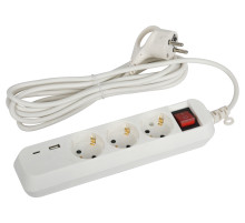ЭРА Удлинитель электрический UB-3es-3m-USB c заземлением с выключателем 3 розетки + 1xUSBA+1xUSBC 3м 10А