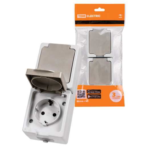 Розетка двойная 2П+З (вертикальная) открытой установки IP54 16А серая 