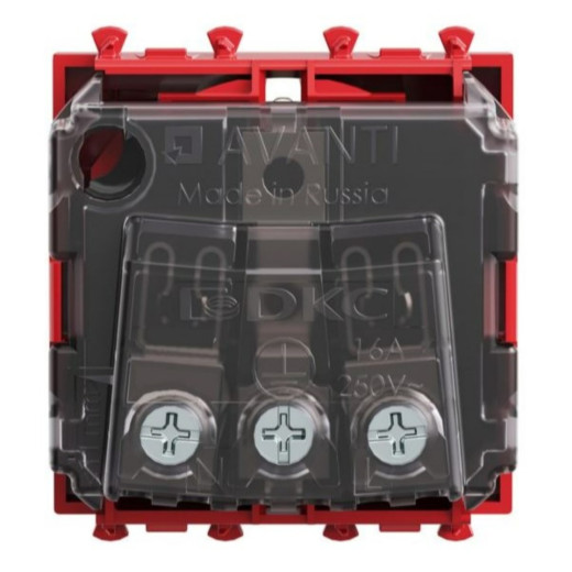 Розетка модульная, 2P+E, с з/ш, Avanti, красный квадрат, 2 модуля