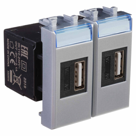 USB зарядное устройство модульное, Avanti, закаленная сталь, 2модуля, 2.1 А