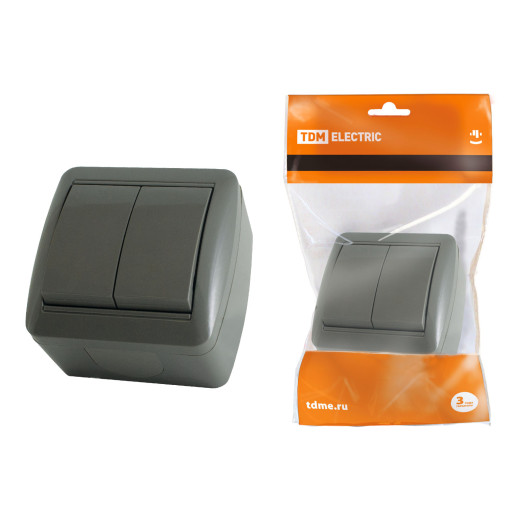 Выключатель 2-кл. открытой установки IP44 10А серый 