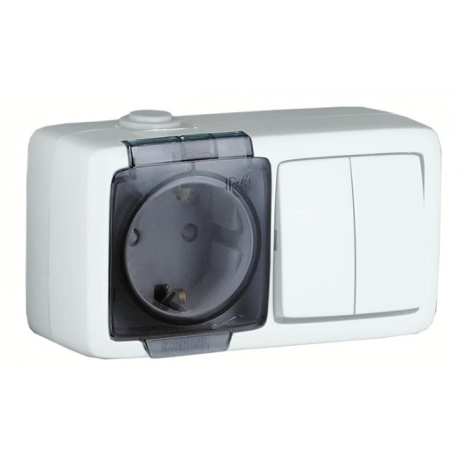 БА16-222 Блок открытой установки, брызгозащищенный , розетка с заземляющим контактом и шторками+двухклавишный выключатель, цвет белый