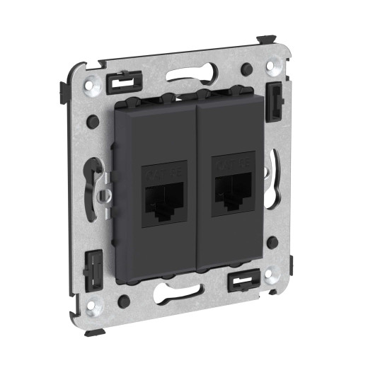 Компьютерная розетка RJ-45 без шторки в стену, кат.5е двойная, Avanti, черный матовый