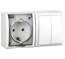 Simon 15 Aqua Белый Блок: Розетка 2P+E Schuko 16А 250В + выключатель двойной 10А 250В, IP54