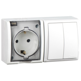 Simon 15 Aqua Белый Блок: Розетка 2P+E Schuko 16А 250В + выключатель двойной 10А 250В, IP54