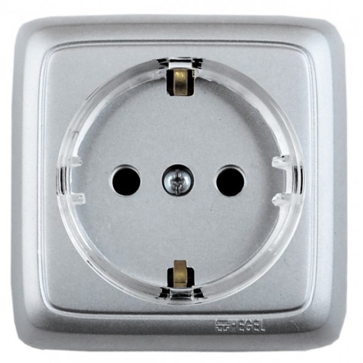 РА16-174-06 Розетка открытой установки, одноместная, с заземляющим контактом, со шторкой, с изолирующей пластиной, цвет серебро