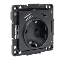 EKF Стокгольм Механизм Розетки 1-местной с/з, USB A+C 16А винтовые клеммы черный с защ. штор..