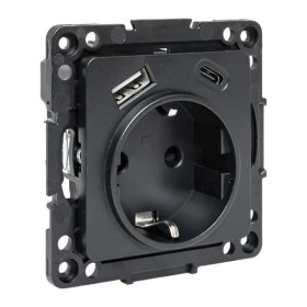 EKF Стокгольм Механизм Розетки 1-местной с/з, USB A+C 16А винтовые клеммы черный с защ. штор..