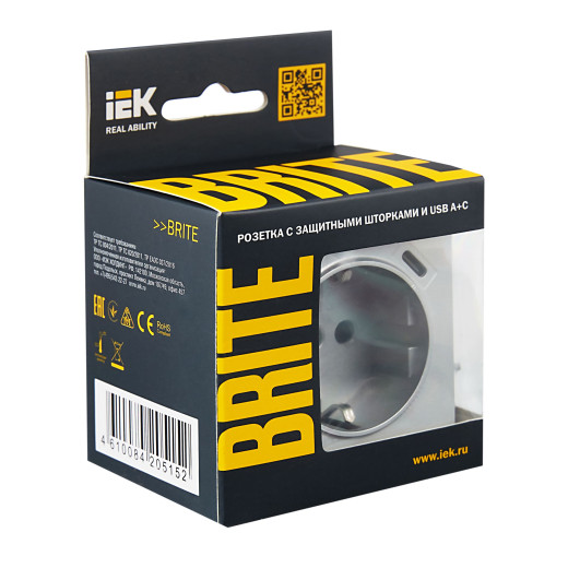 BRITE Роз. с з/к/ш 16А с USB A+C 18Вт РЮш11-1-БрА алюм. IEK