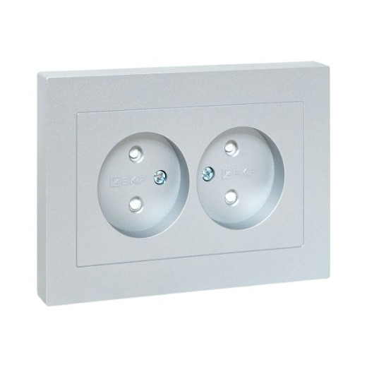 Механизм розетки двойной, 16А, без заземления, со шторками, с рамкой, алюминий Эпика EKF