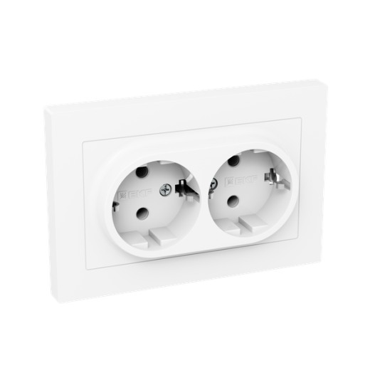 Механизм розетки двойной, 16А, с заземлением, без шторок, с рамкой, белый Эпика EKF