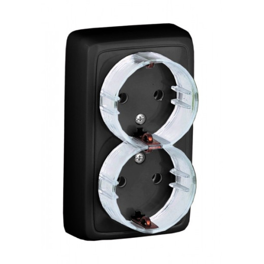 РА16-183-08 Розетка открытой установки, двухместная, с заземляющим контактом, с изолирующей пластиной, цвет черный