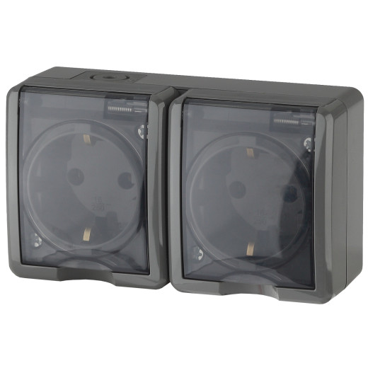 Розетка ЭРА Эксперт 11-2403-03 двойная с заземлением крышкой 2х2P+E IP54 16A-250В ОУ горизонт. серый