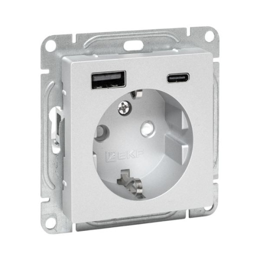 Механизм розетки с USB-A+С - 2шт, 16А, с заземлением, со шторками, алюминий Эпика EKF