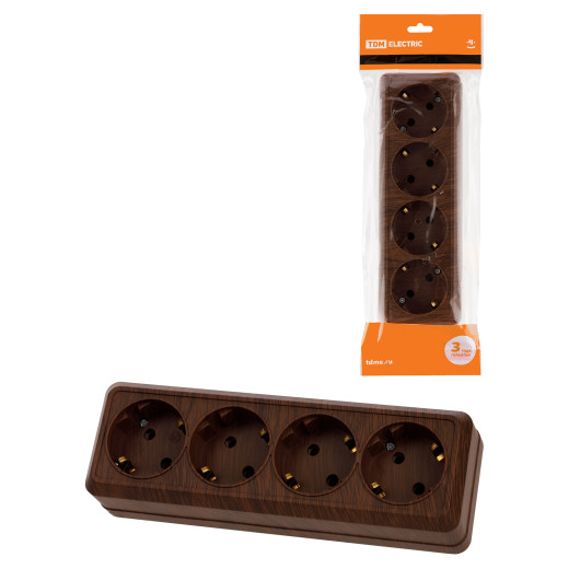 Розетка 4-х местная горизонтальная 2П+3 открытой установки IP20 16A бук 