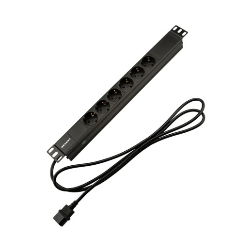 Блок распределения питания PDU горизонтальный 1U 6 розеток СЕЕ 7/4 Schuko 10A без выкл алюм корп шнур 2м вилка C14 черный REXANT