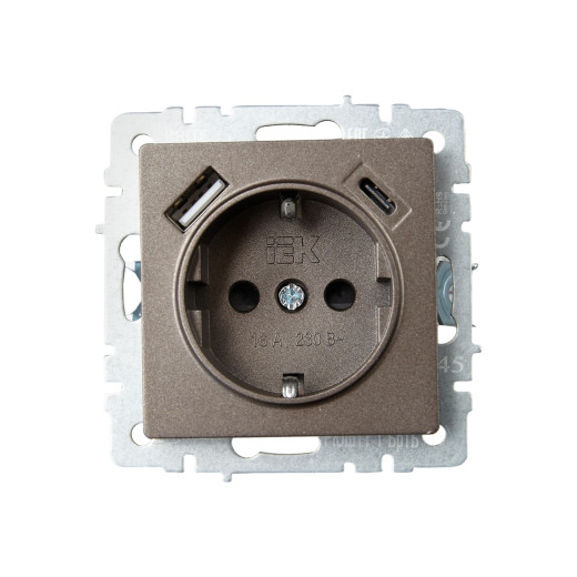 BRITE Роз. с з/к/ш 16А с USB A+C 18Вт РЮш11-1-БрТБ бр. IEK