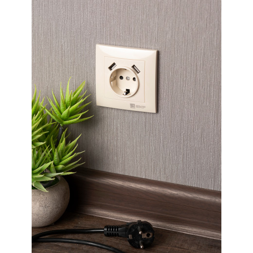 Валенсия розетка 1-местная с/з 16А кремовая с защ. штор. с 2 USB 2,1А EKF PROxima