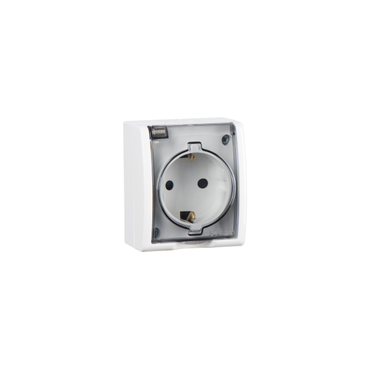 Simon15 Aqua Белый Розетка 1-я с/з с крышкой с защитными шторками наружная,IP54