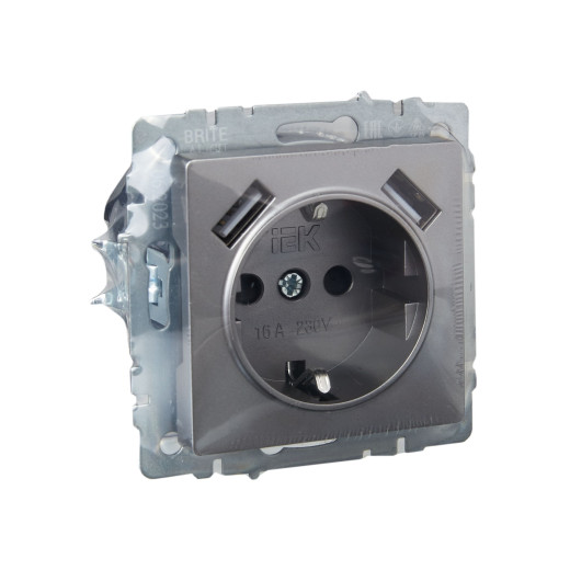 BRITE Роз. с з/к/ш 16А с USB A+A 2,1А РЮш10-1-БрС сталь IEK