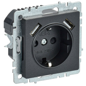 IEK BRITE BASE Черный Розетка с з/к/ш 16А с USB A+A 2,1А РЮш10-1-БрЧ