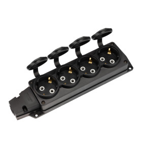 REXANT Розетка (колодка) влагозащищенная с крышкой 4 гнезда COMPACT, с/з, 16А, IP54, каучук, черная.
