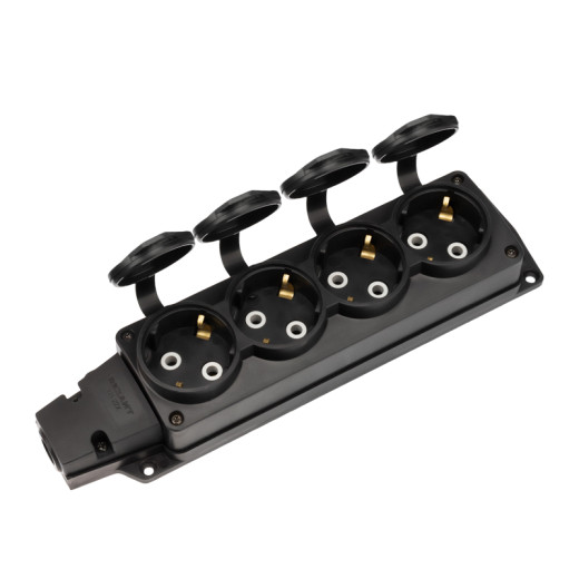 Розетка (колодка) влагозащищенная с крышкой 4 гнезда COMPACT, с/з, 16А, IP54, каучук, черная REXANT