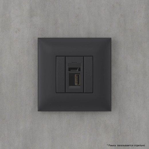 USB 2.0 розетка одинарная в стену, тип А-А, Avanti, черный матовый
