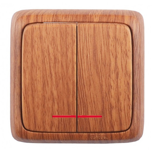 ВА16-154-05 Выключатель открытой установки, двухклавишный, с индикацией, с изолирующей пластиной, цвет дуб