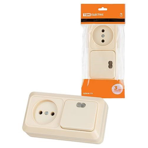 Блок комбинированный выкл. 1-кл. с/п 10А + розетка 2П 10А 250В БКВР IP20 сл. кость 