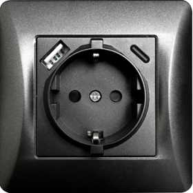 Розетка электрическая 2К+З/2xUSB A/C, 125-250V (антрацит)