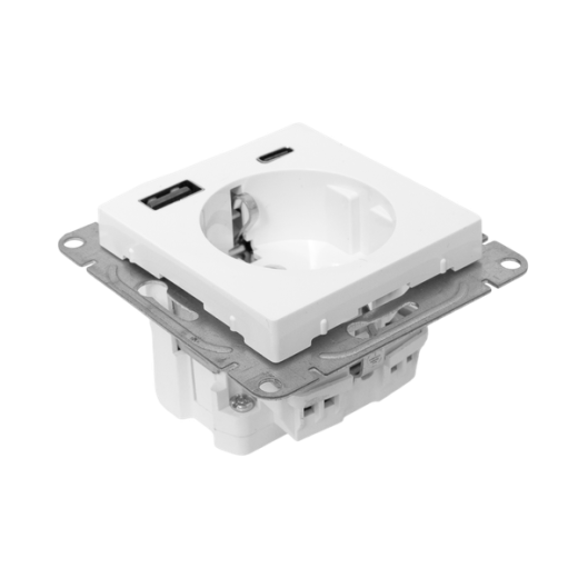Механизм розетки с USB-A+С - 2шт, 16А, с заземлением, со шторками, белый Эпика EKF