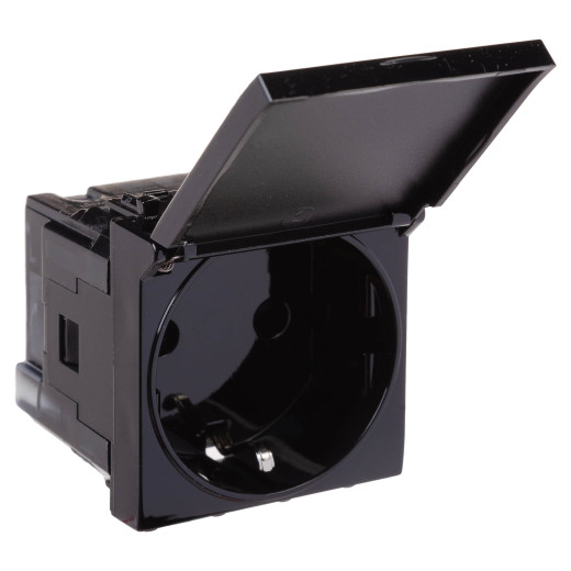 Розетка с крышкой модульная, 2P+E, с з/ш, Avanti, черный квадрат, 2 модуля