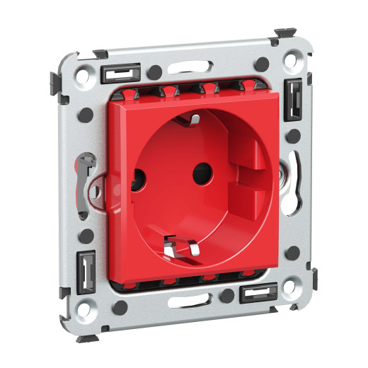 Розетка в стену, 2P+E, с з/ш, Avanti, красный квадрат