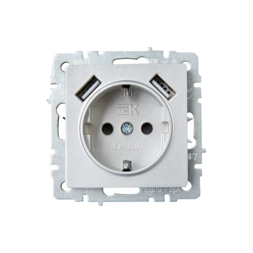 BRITE Роз. с з/к/ш 16А с USB A+A 2,1А РЮш10-1-БрА алюм. IEK