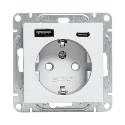 Механизм розетки с USB-A+С - 2шт, 16А, с заземлением, со шторками, белый Эпика EKF