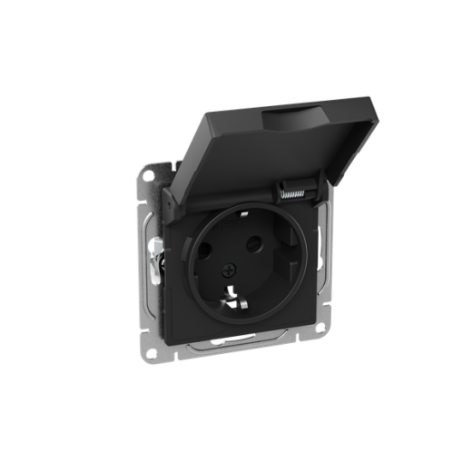 Механизм розетки, 16А, IP44, с заземлением, со шторками, c крышкой, чёрный Эпика EKF