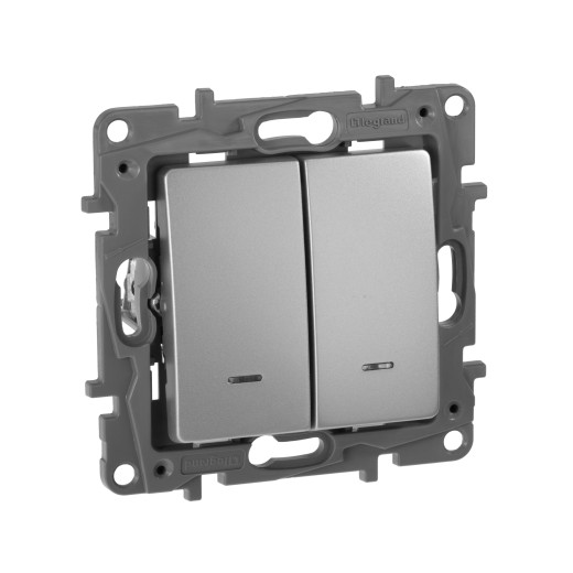 Выключатель двухклавишный с подсветкой/индикацией - Legrand Etika - 10А 250В безвинтовые зажимы - алюминий