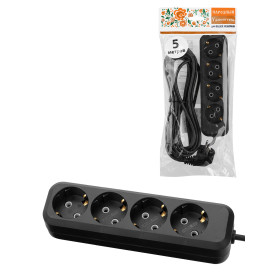 TDM Удлинитель 4 гнезда, 5 метров, с/з, 10 А, 2300 Вт, черный, НАРОДНЫЙ