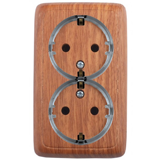 РА16-184-05 Розетка открытой установки, двухместная, с заземляющим контактом, со шторками, с изолирующей пластиной, цвет дуб