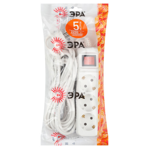 Удлинитель электрический ЭРА  UX-3es-5m с заземлением с выключателем 3 розетки 5м ПВС 3x0,75мм2 10А