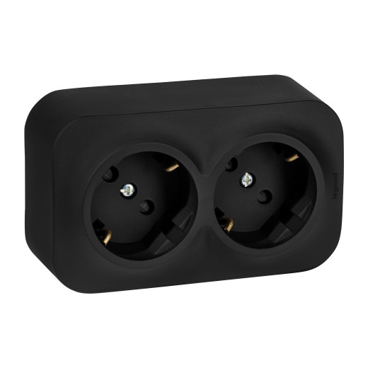 Розеточный блок двойной с заземлением - Legrand Quteo - с предварительным подключением со шторками IP20 16А 250В винтовые зажимы накладной монтаж - чёрный матовый
