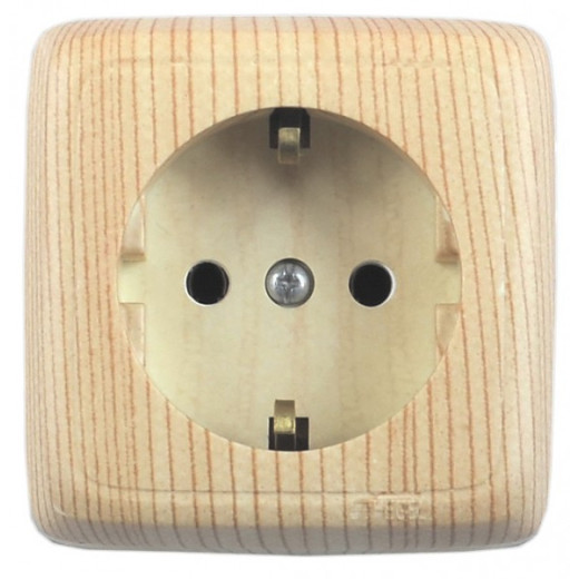 РА16-114-02 Розетка открытой установки, одноместная, с заземляющим контактом, со шторкой, с изолирующй пластиной, цвет сосна