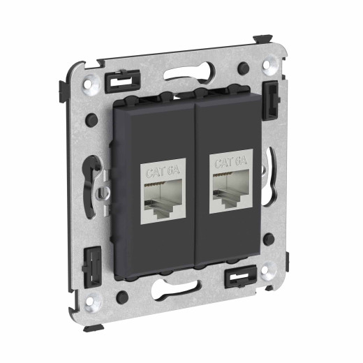 Компьютерная розетка RJ-45 без шторки в стену, кат.6А двойная экранированная, Avanti, черный матовый